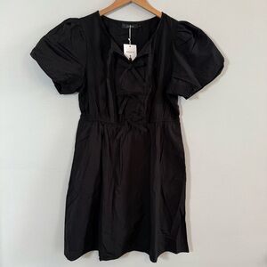 Zesica Black Puff Sleeve Mini Dress, Front Ties, NWT, Size L